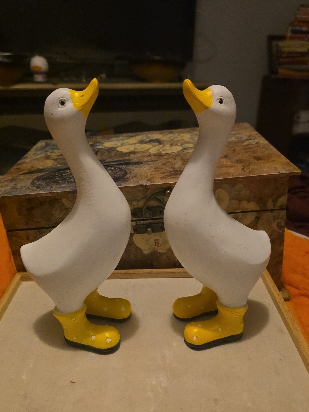 White Wooden Duck Figurines with Yellow Boots - Set of 2